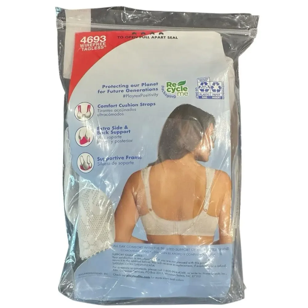 Playtex 18-Hour Ultimate Shoulder Comfort 4693 White Wireless Bra 40B Lace Style